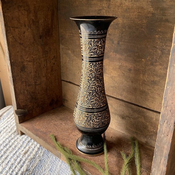 Black Etched Solid Brass Vase Genie Bottle Vase